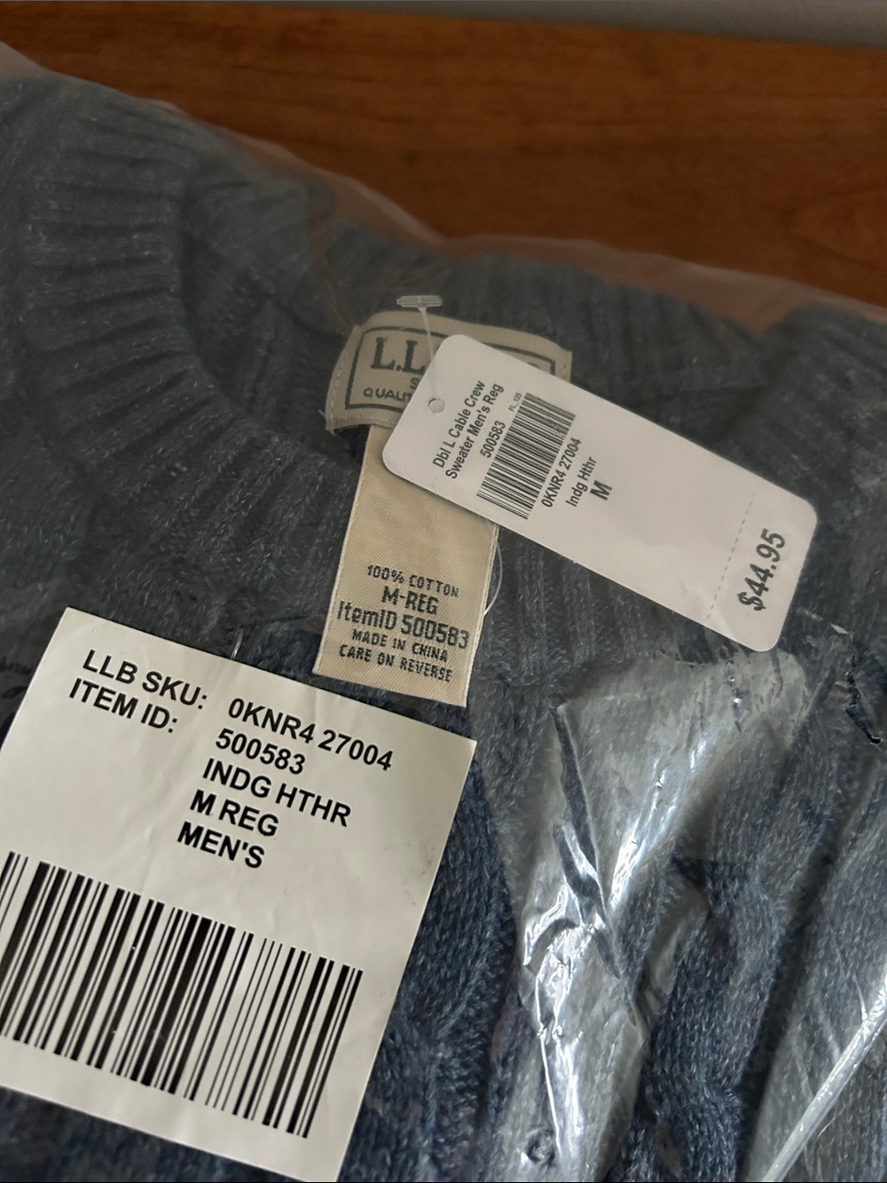 L.L. Bean Men’s Double L Cable Crewneck Sweater Indigo Heather Medium Cotton - Picture 3 of 3